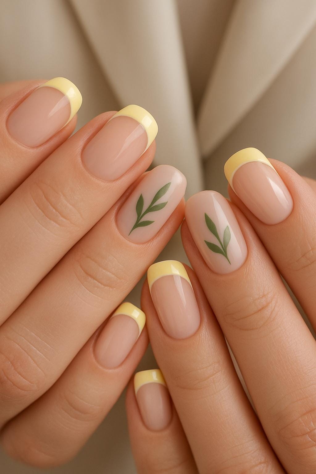 French manicure with yellow tips and leaf accents