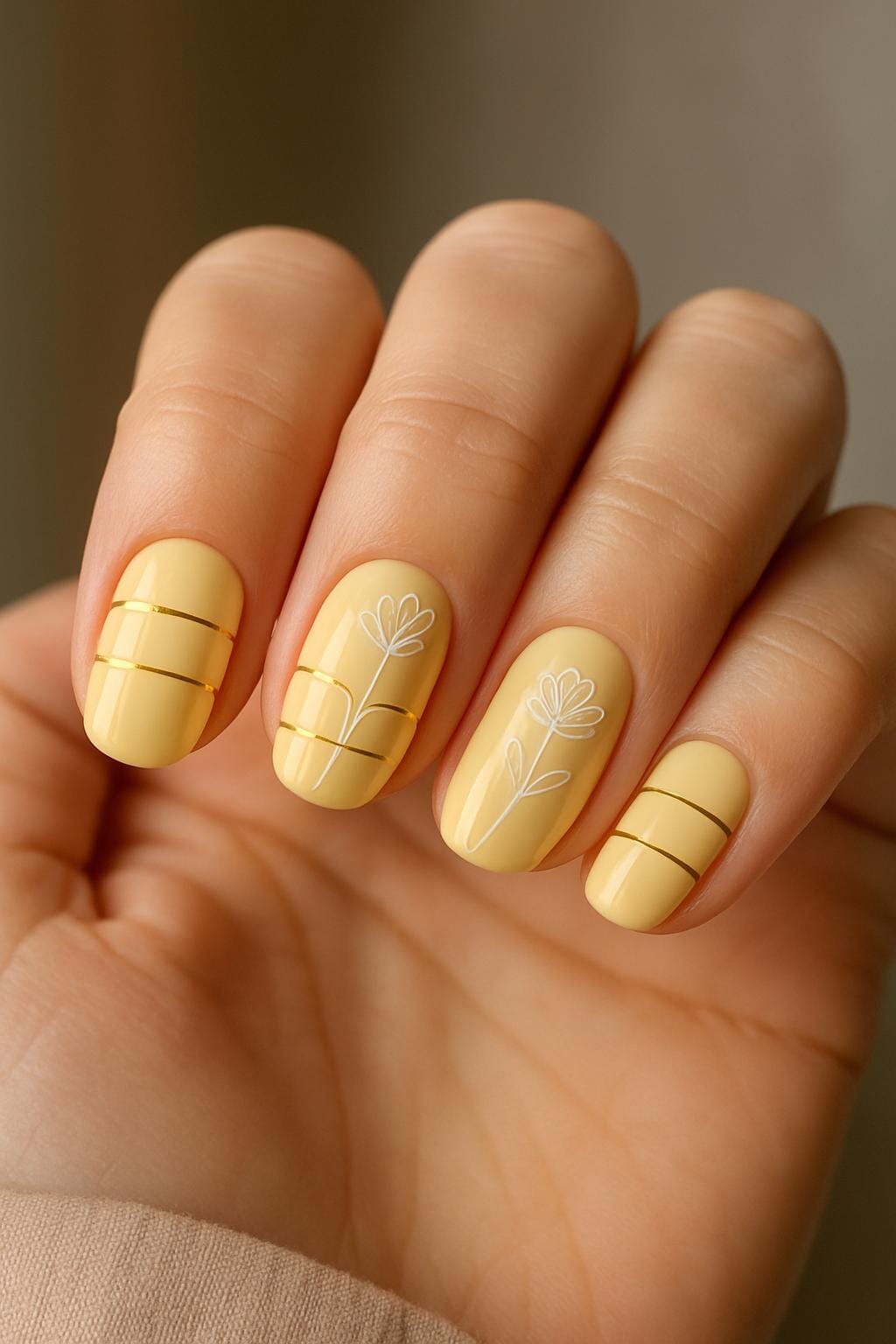 Yellow nails with white stripes and flowers