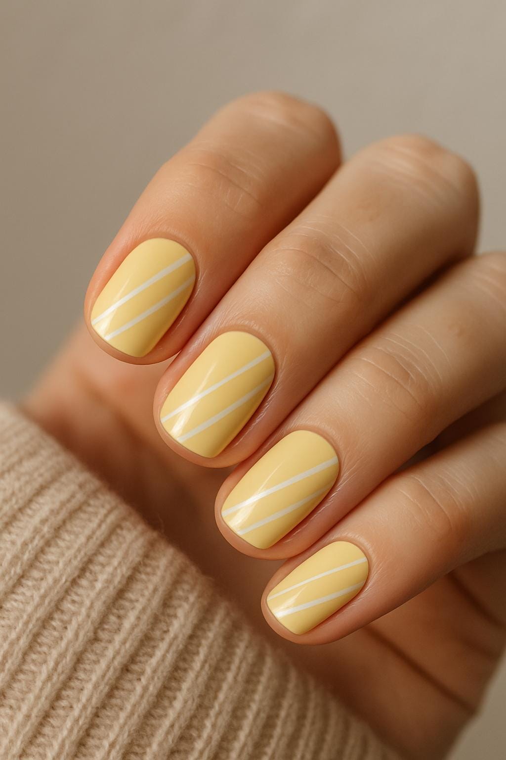 Yellow nails with white minimal stripes