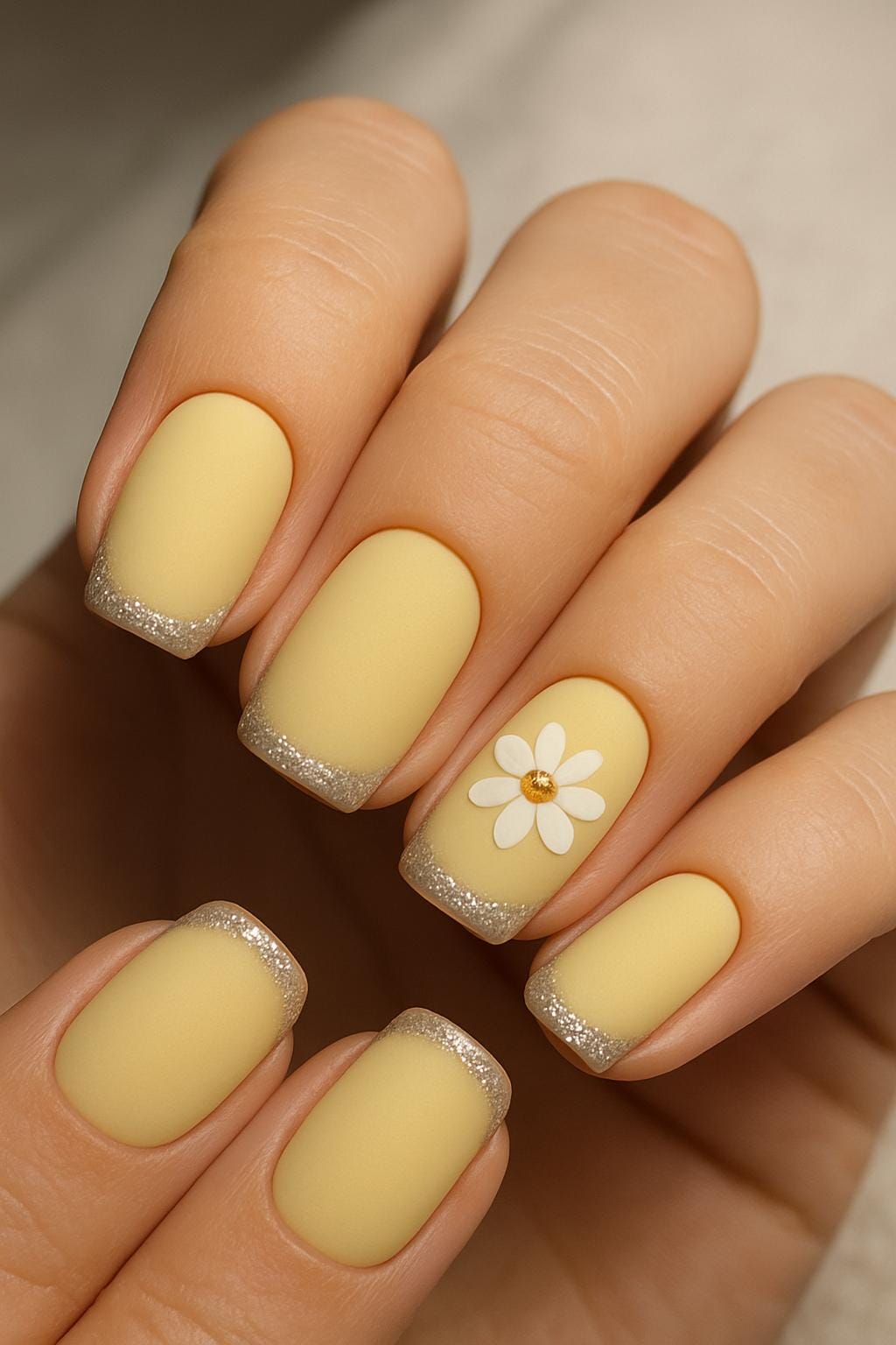 Matte yellow nails with daisy accents and gold tips