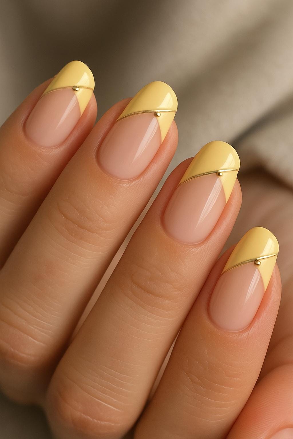 Yellow diagonal French nails with nude base