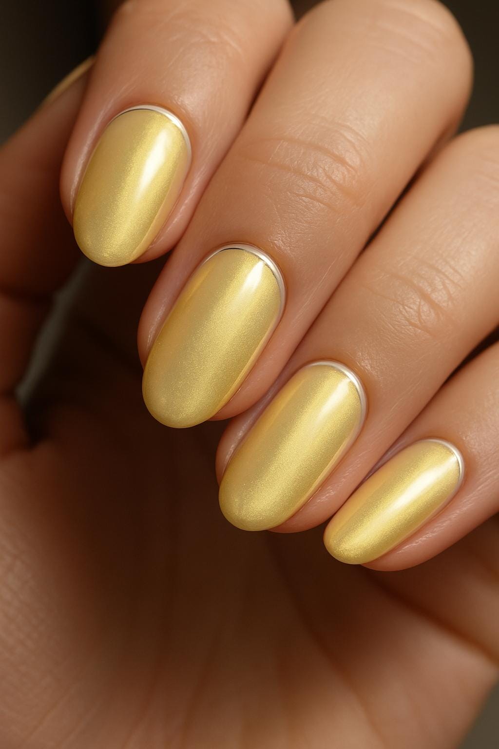 Shimmery yellow nails with oval shape