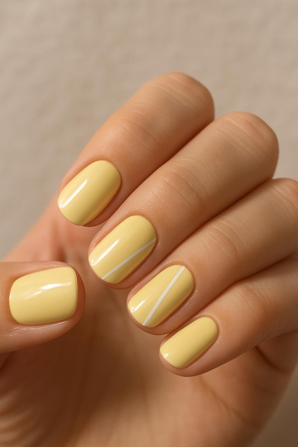 Yellow nails with white stripes, short square shape