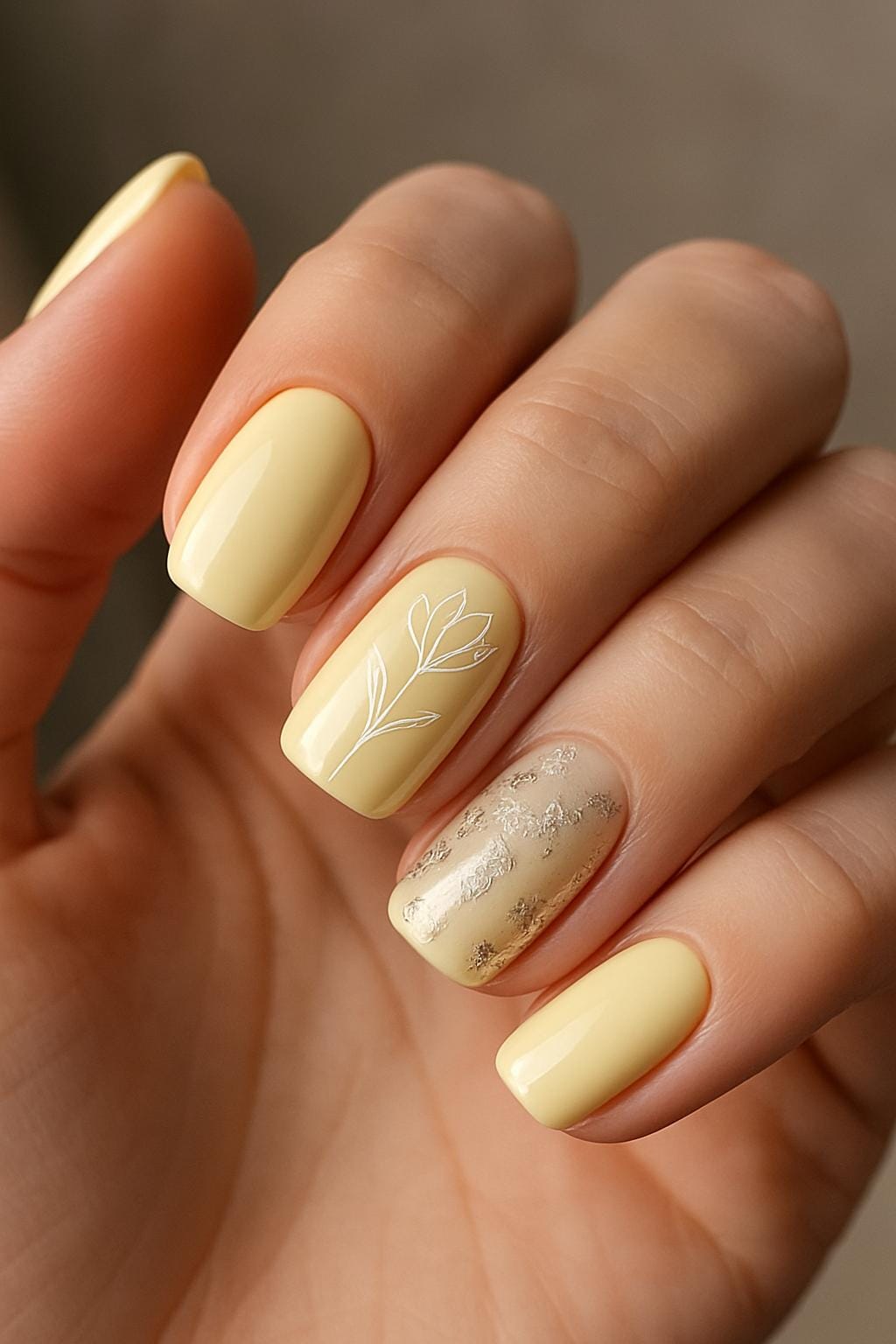 Yellow nails with gold leaf accent