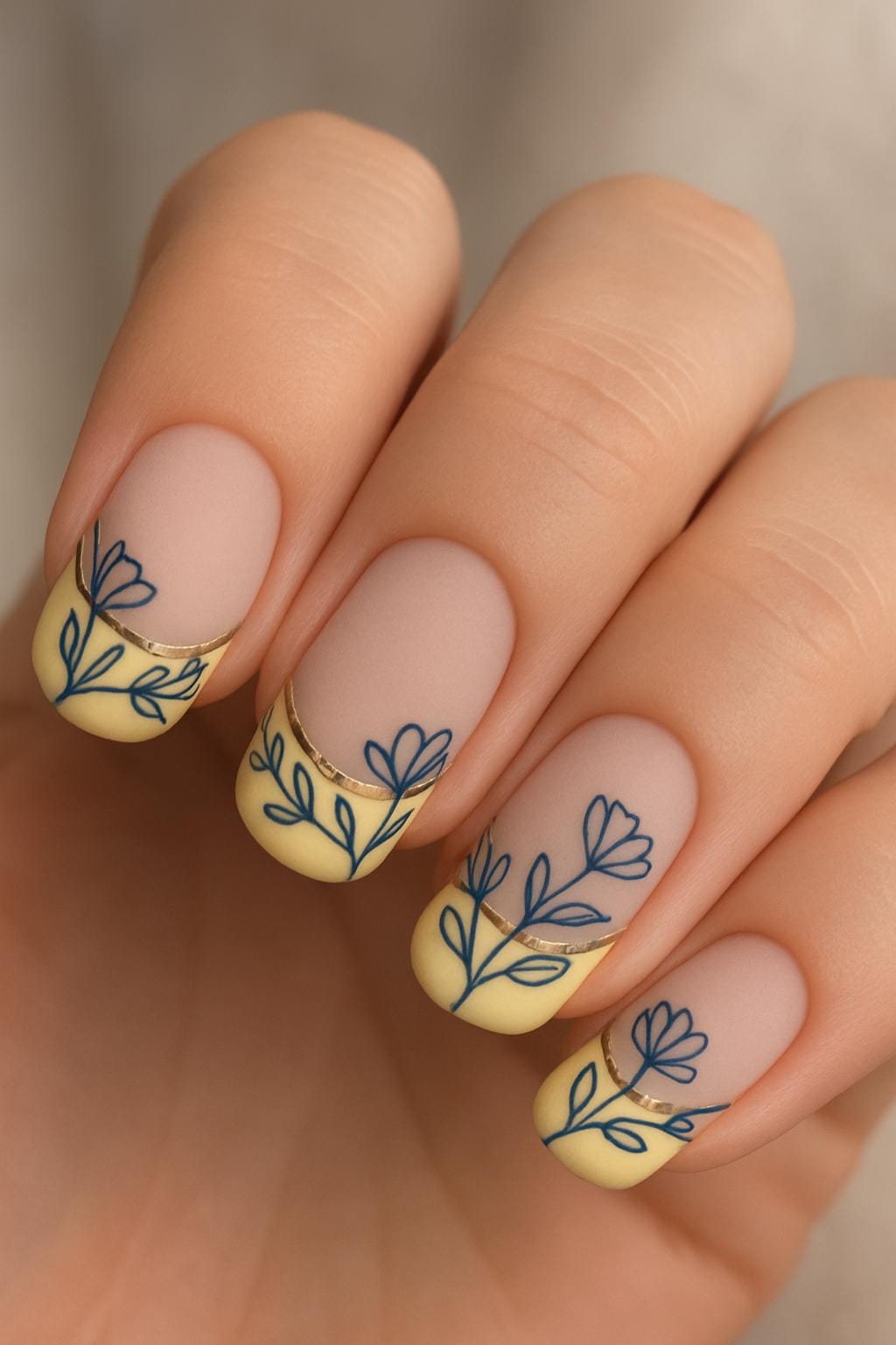 Matte yellow nails with blue floral tips