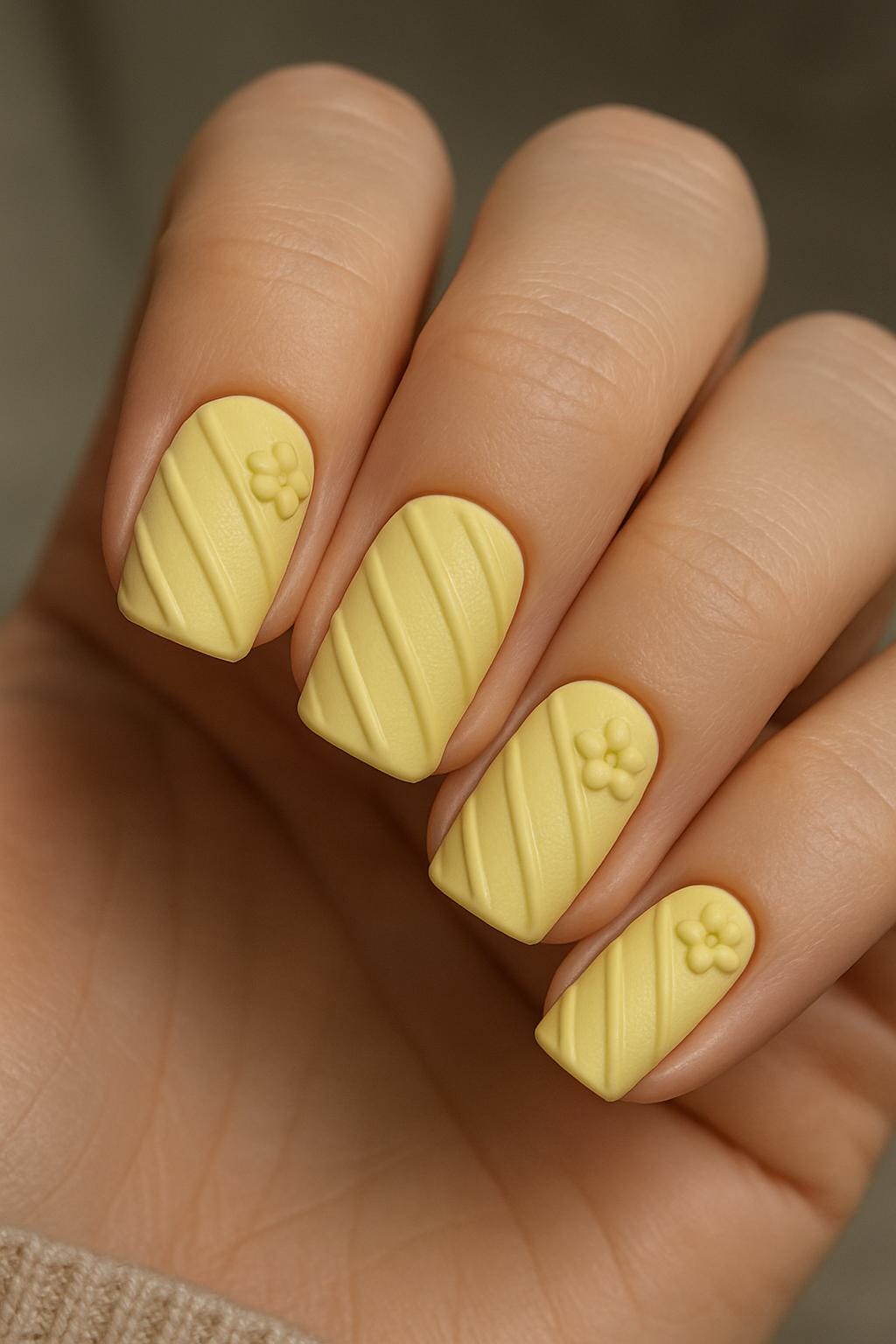 Yellow nails with textured stripes and flowers