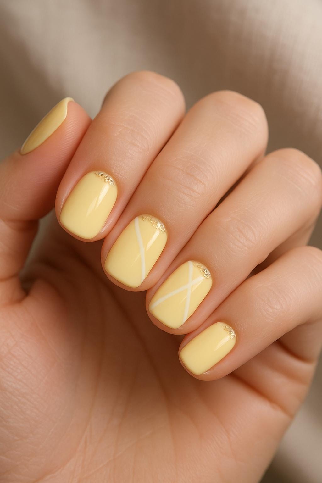 Yellow nails with gold criss-cross design