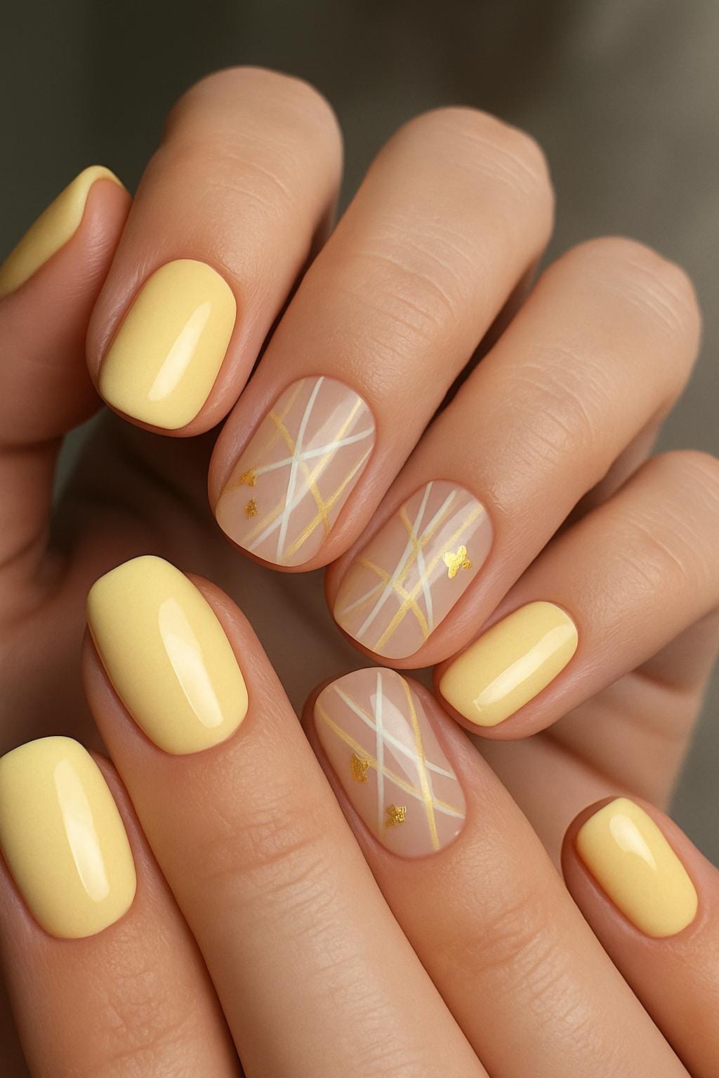 Yellow nails with geometric lines and gold accents