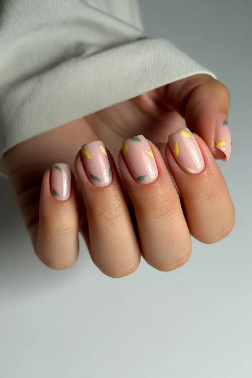 Delicate leaf designs on short nude nails, minimalist nature-inspired nails