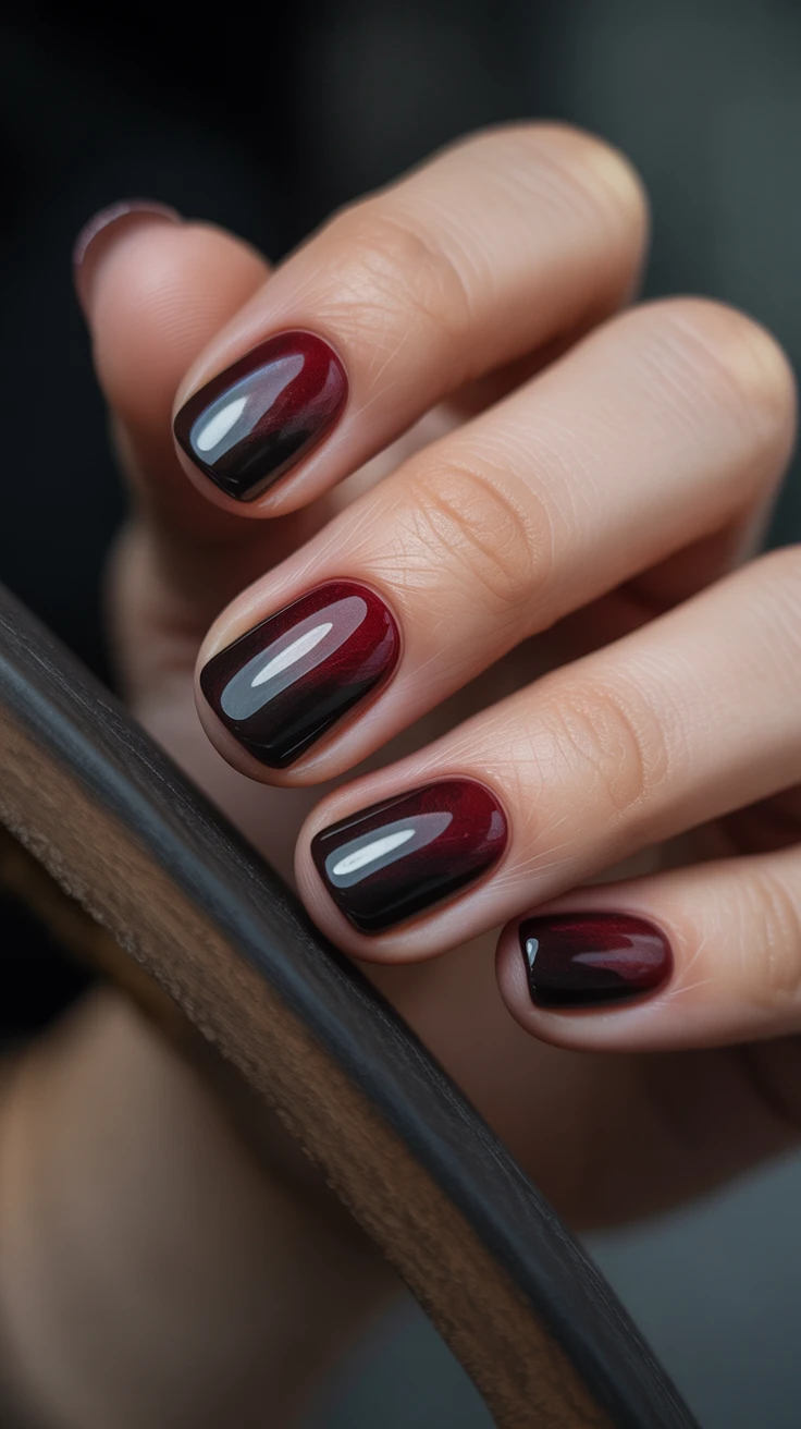 Rich burgundy short nails with glossy finish, elegant nail design