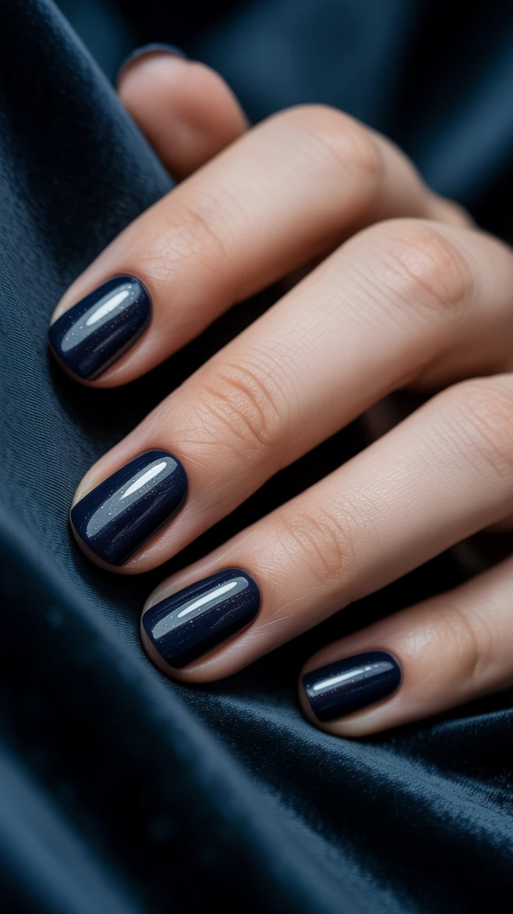 Dark navy short oval nails, glossy and chic