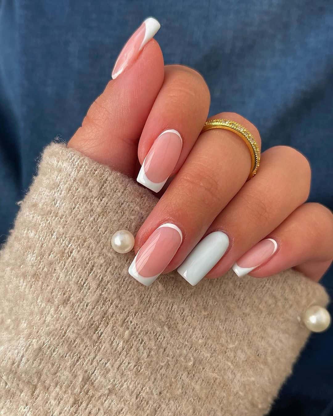 French manicure with white and pale pink, square shape