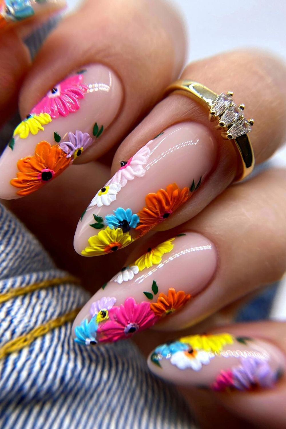 Colorful floral stiletto nails with 3D flowers