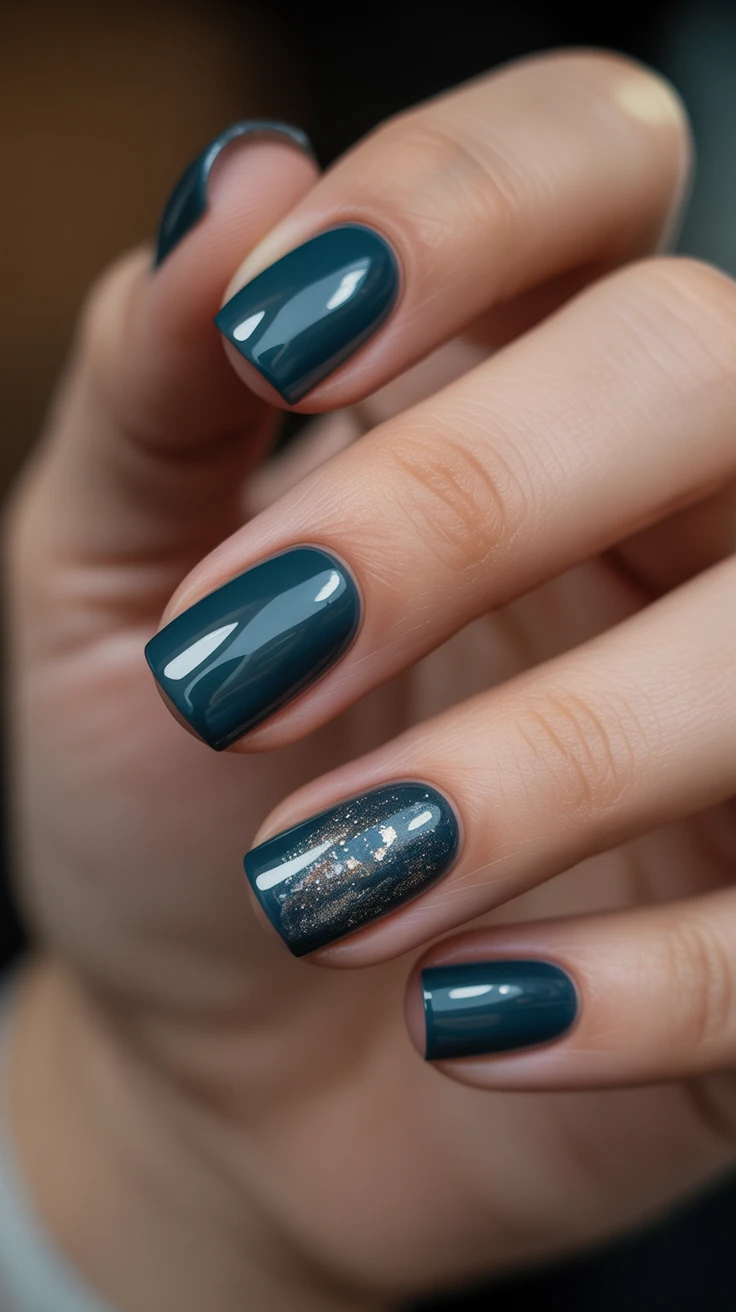 Teal square nails with glitter accent