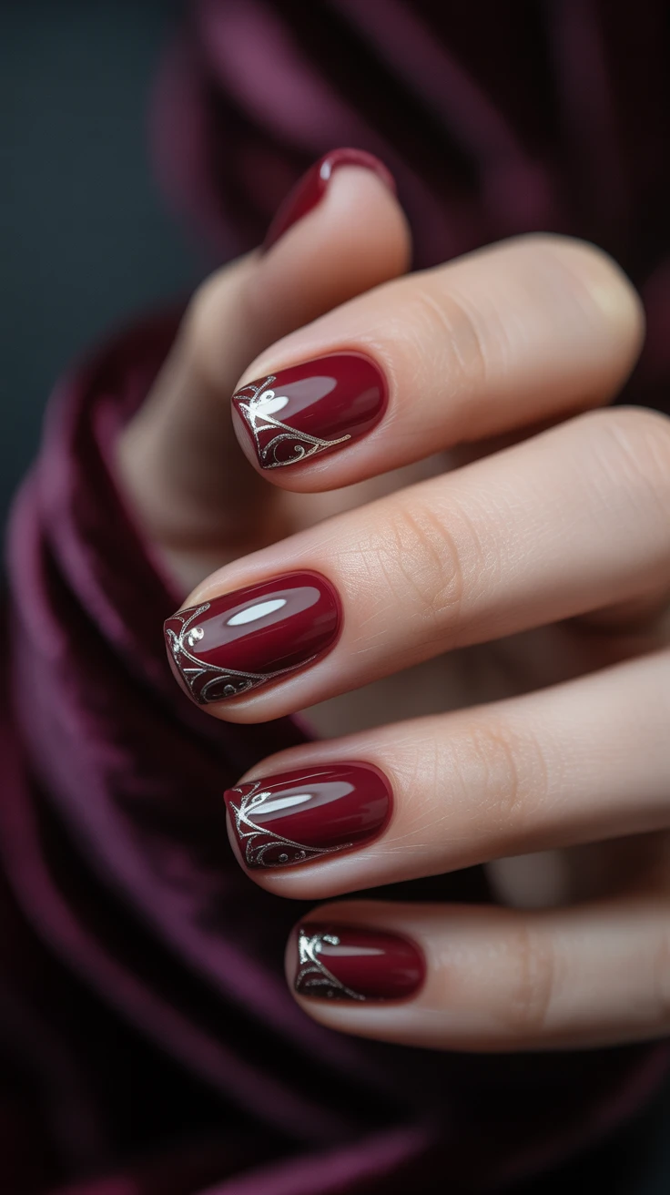 Rich garnet nails with ornate silver detailing on the tips, elegant and luxurious.
