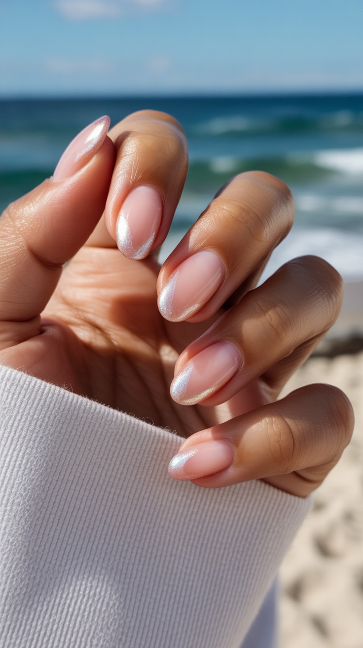 Blush pink almond nails with subtle silver tips, elegant and understated.