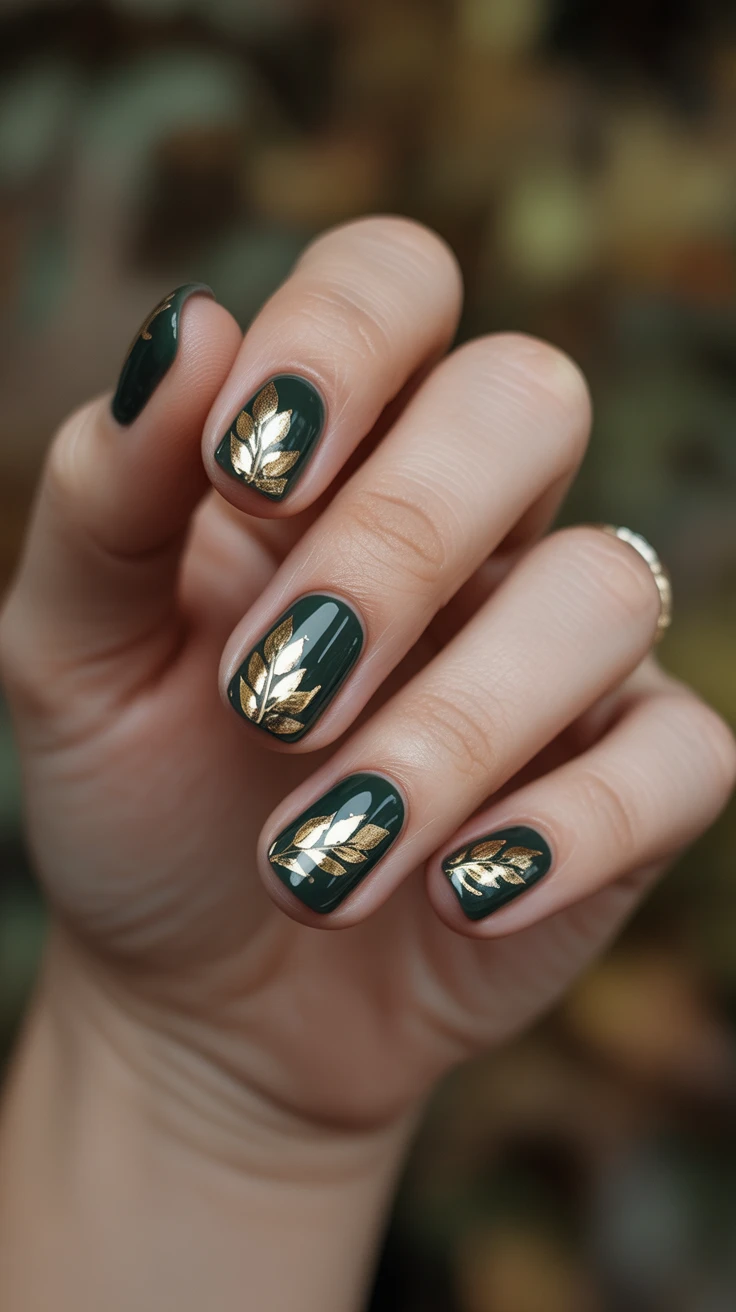 Dark green nails with gold leaf accents, luxurious and bold.