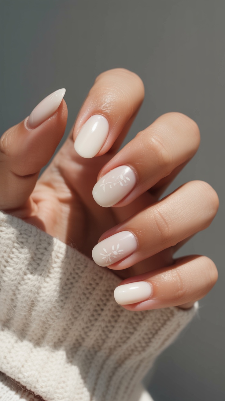 Soft nude nails with delicate motifs, medium-rounded, understated elegance.