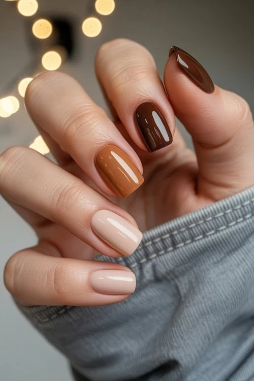Neutral ombre nails, short square, earthy tones, versatile wear.