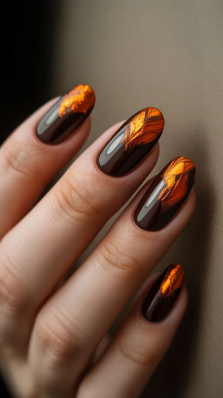 Dark nails with copper flame accents, bold and striking.