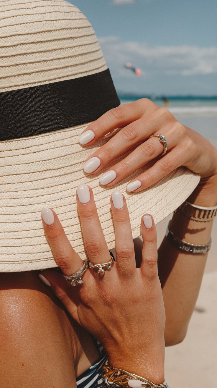 Creamy white nails, short and chic, perfect for the beach.