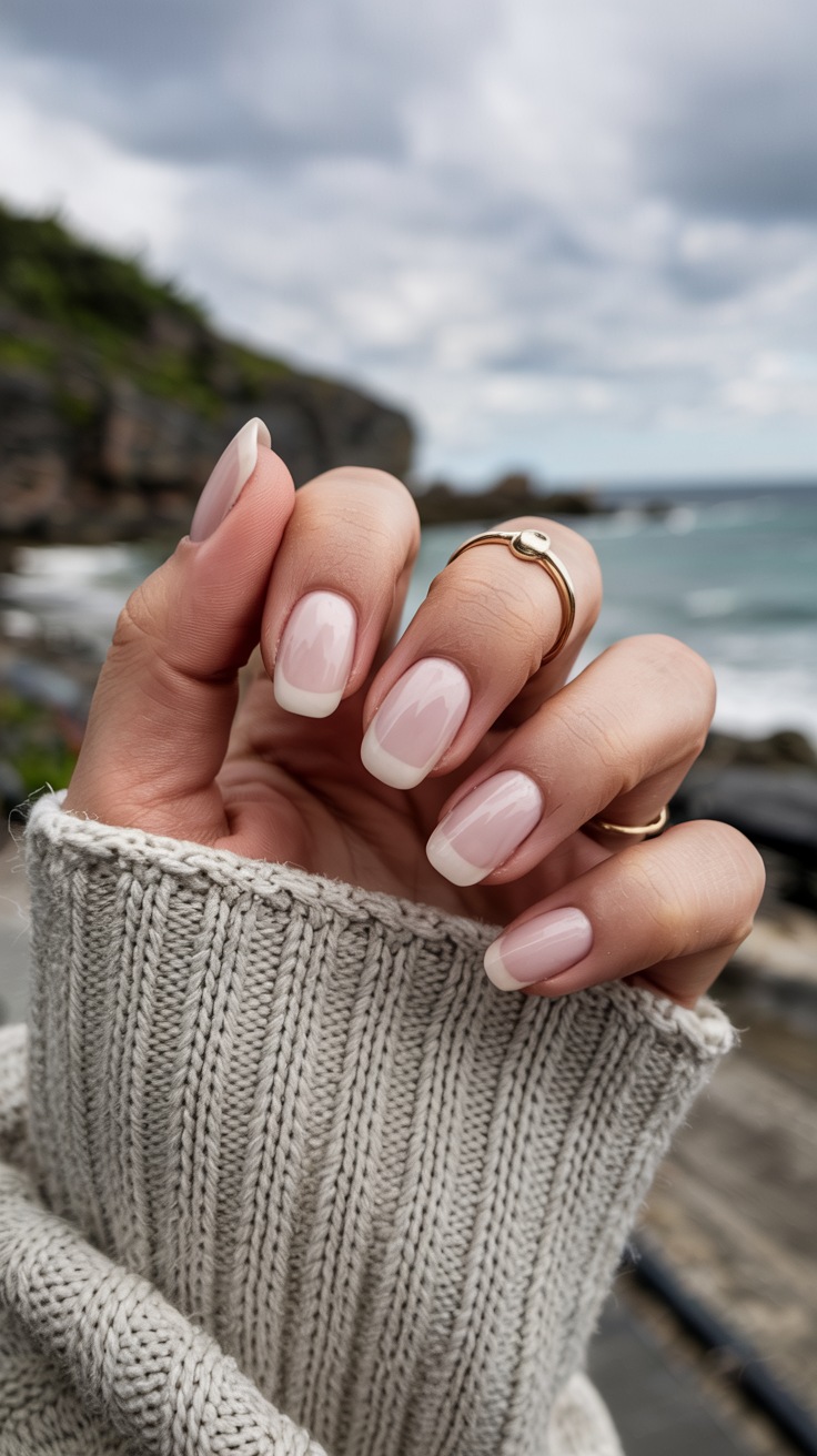 Classic French manicure with glossy finish, elegant and timeless.