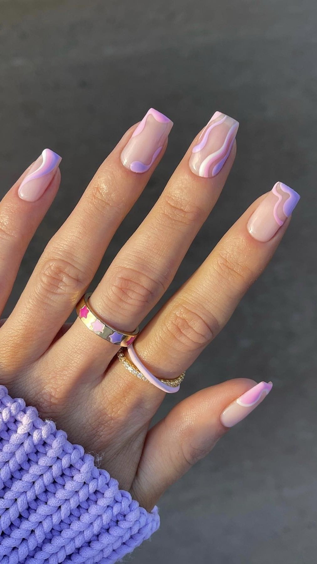 Pastel swirl nails, short square, playful and chic.