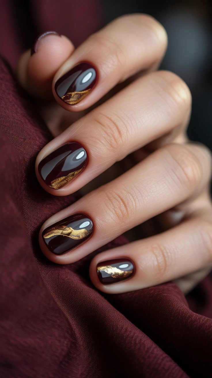 Burgundy nails with gold accents, exuding luxurious elegance and Pinterest allure.