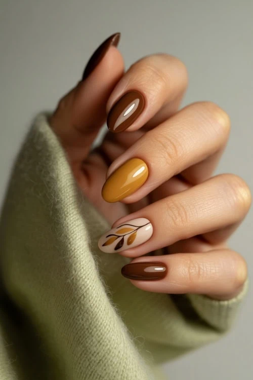Earthy autumn tones with leaf accents, ideal for Pinterest fall trends.