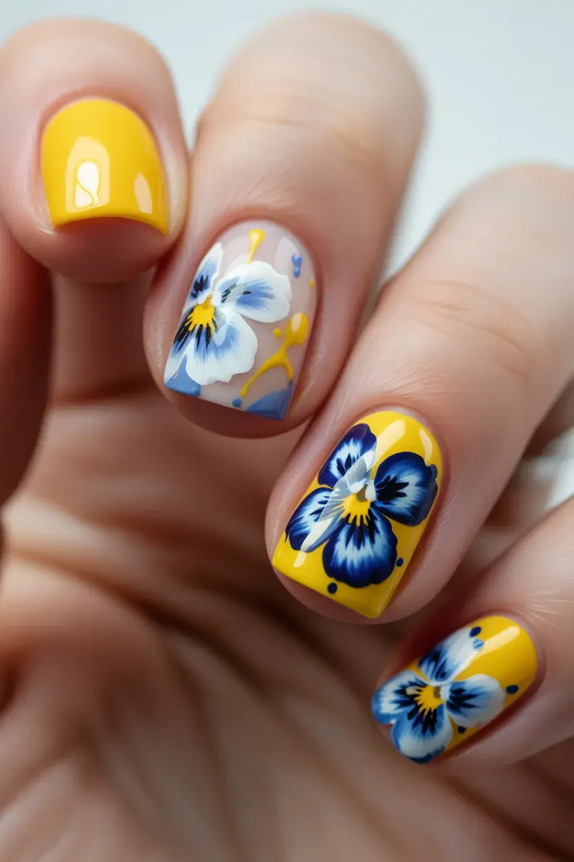 Sunny floral nail art with yellow and blue, capturing Pinterest floral trends.