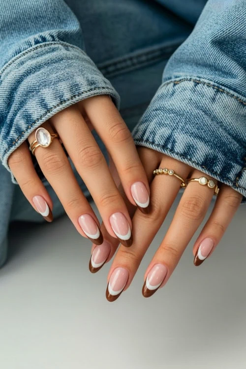 French tips with contrasting brown and white.