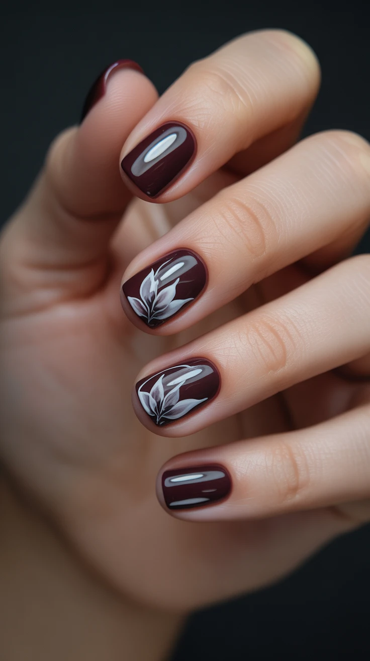 Burgundy nails with dramatic floral accents.