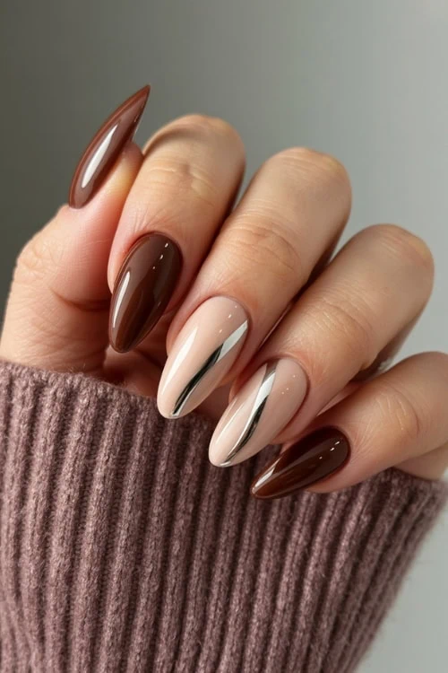 Mocha and nude nails with luxe vibes.