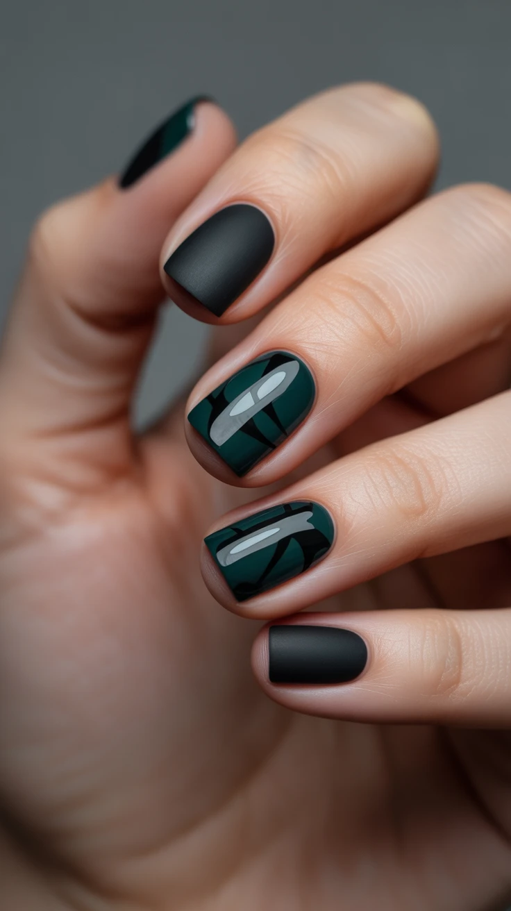 Matte dark green nails with leaf patterns.