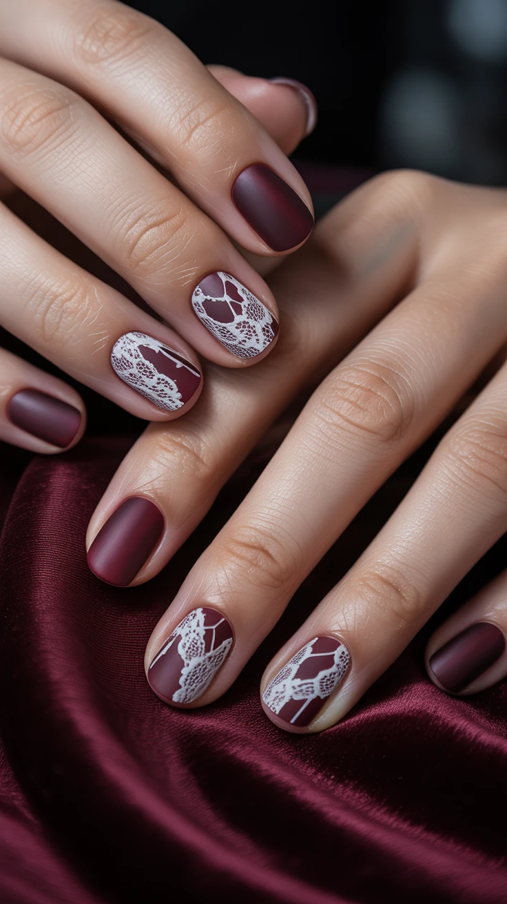 Burgundy nails with lace accent design.