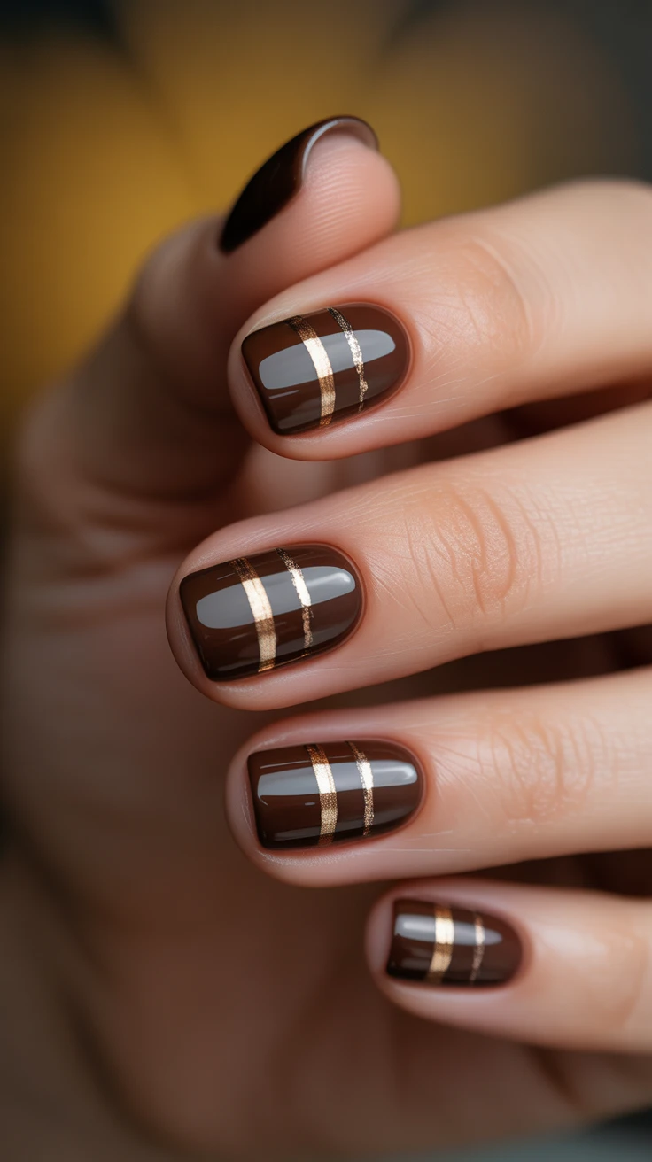 Chocolate nails with gold stripe accents.