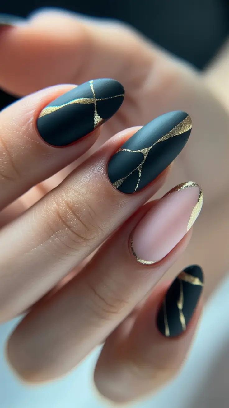 Black and gold almond nails, geometric and luxurious.