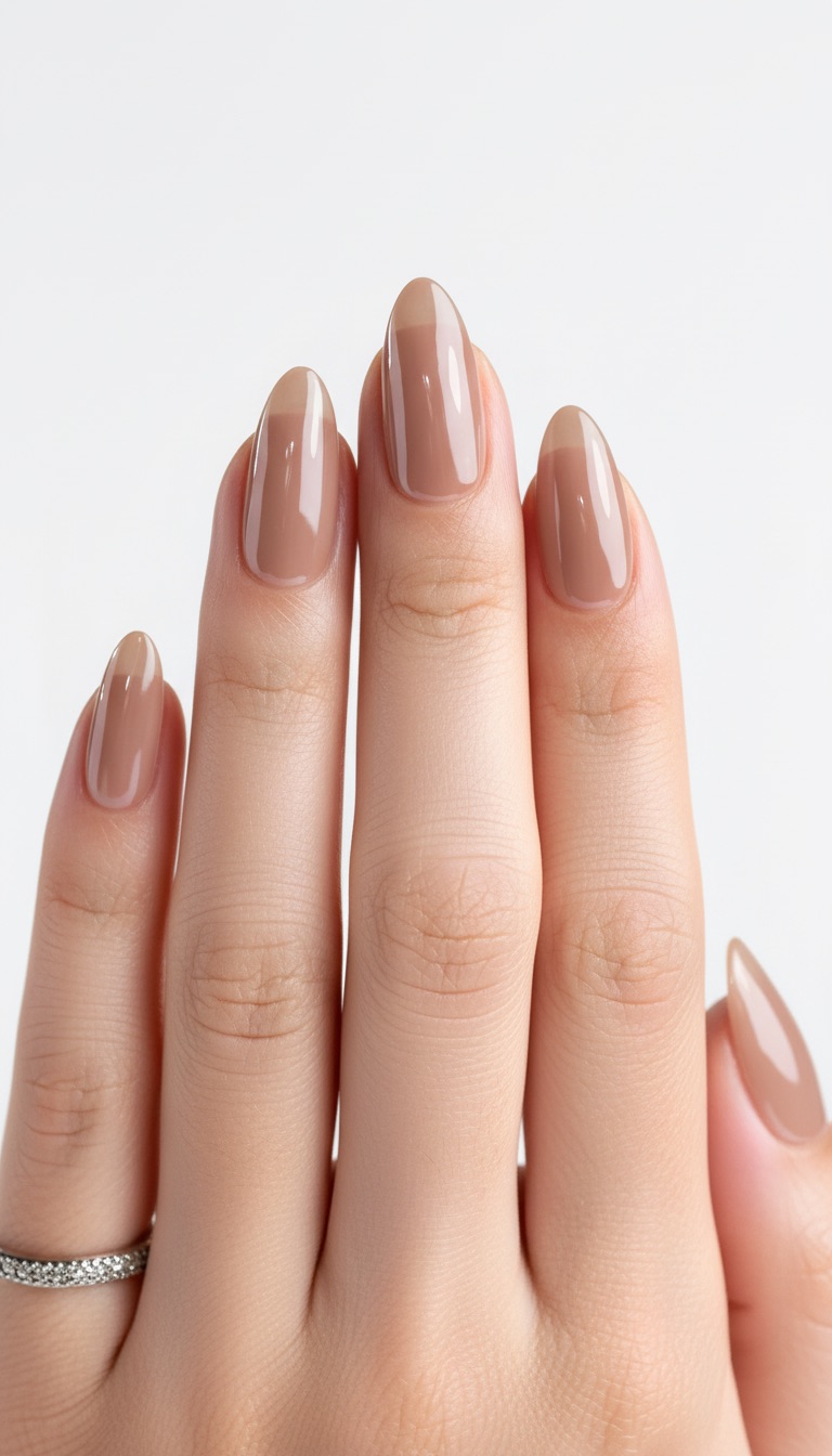 Mocha nude almond nails, glossy finish.