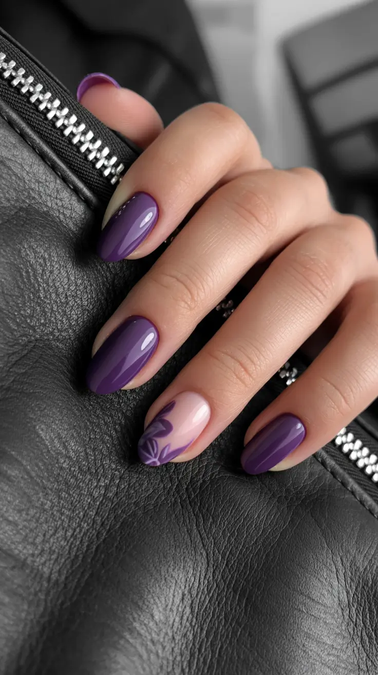 Violet almond nails with floral accent.