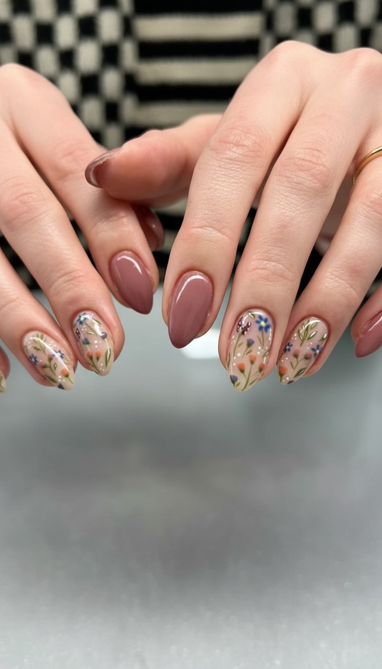 Botanical almond nails with floral art.