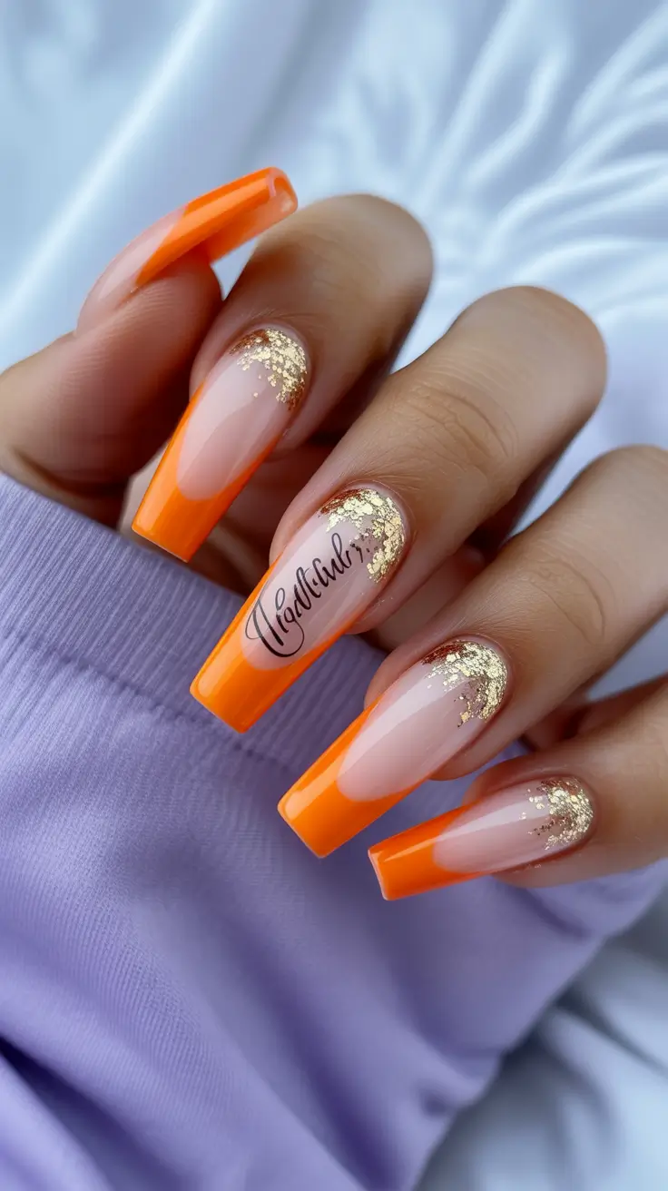 Orange and gold coffin nails, bold and glamorous.