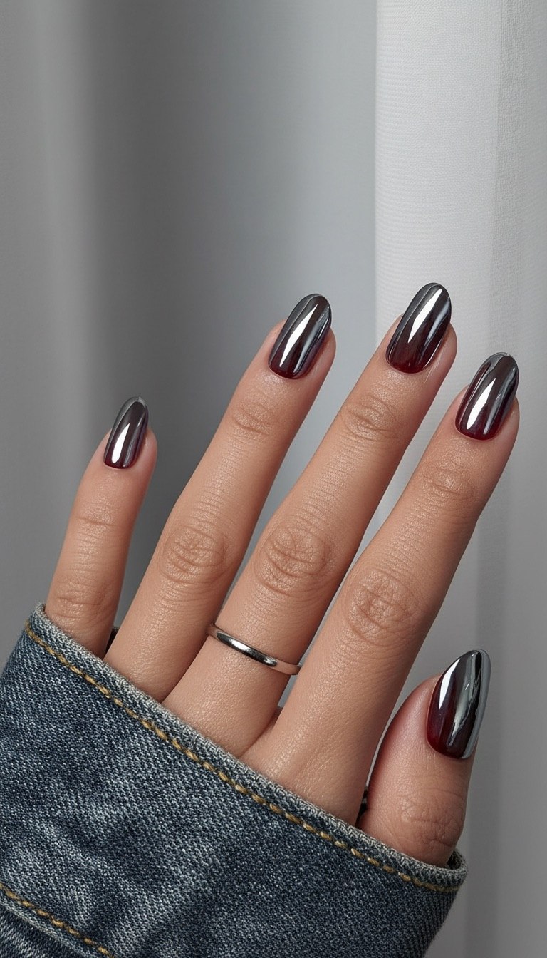 Chrome almond nails, sleek and modern.