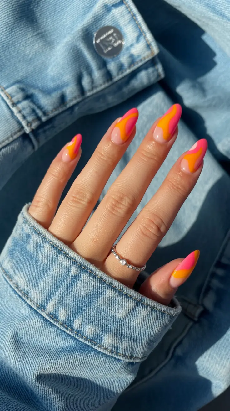 Neon almond nails, sunset gradient.