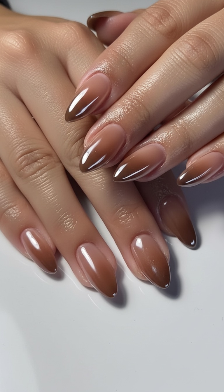 Gradient mocha almond nails, subtle ombre.