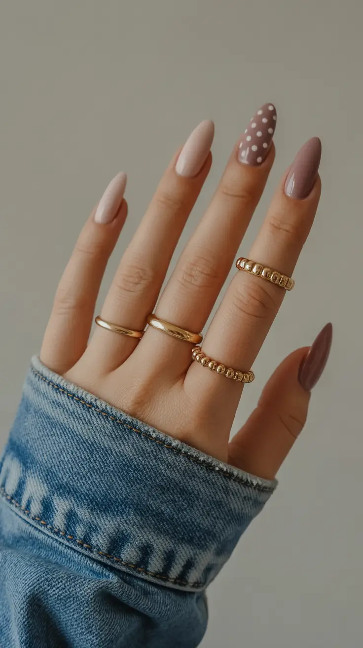 Polka dot almond nails, playful and chic.