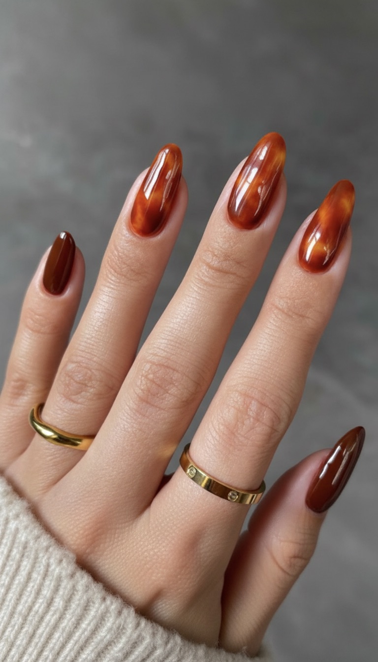 Tortoiseshell almond nails, glossy finish.