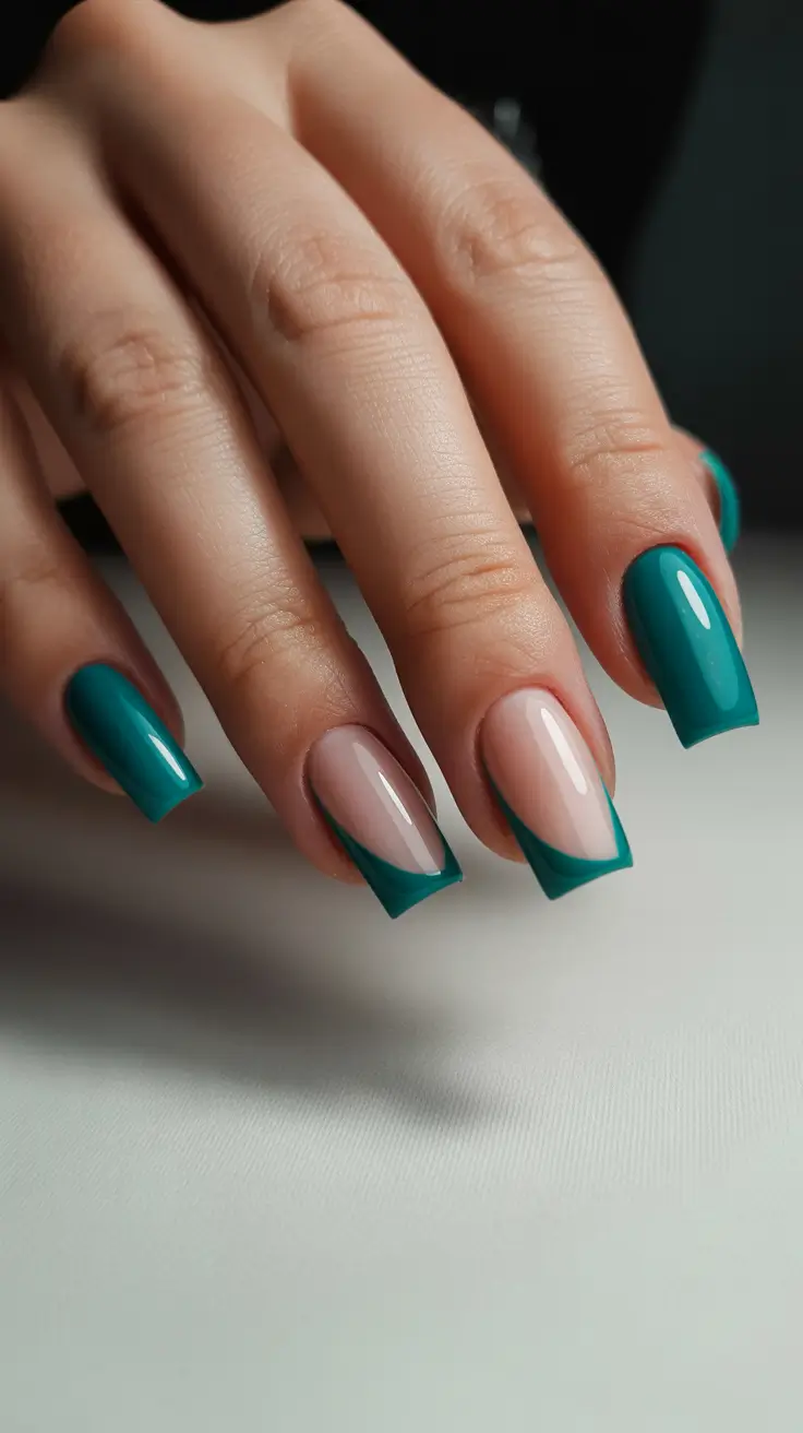 Teal French almond nails, modern and bold.