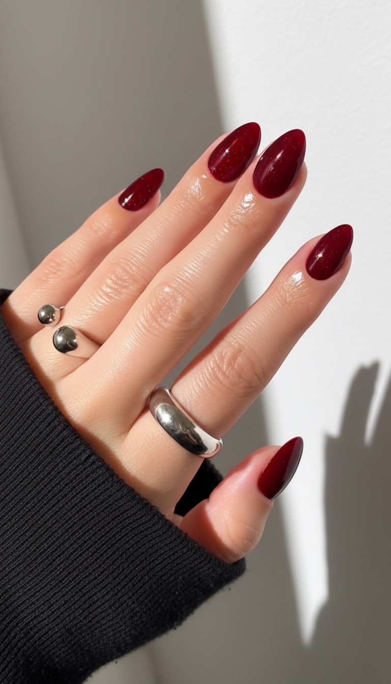 Deep red almond nails, glossy and luxurious.