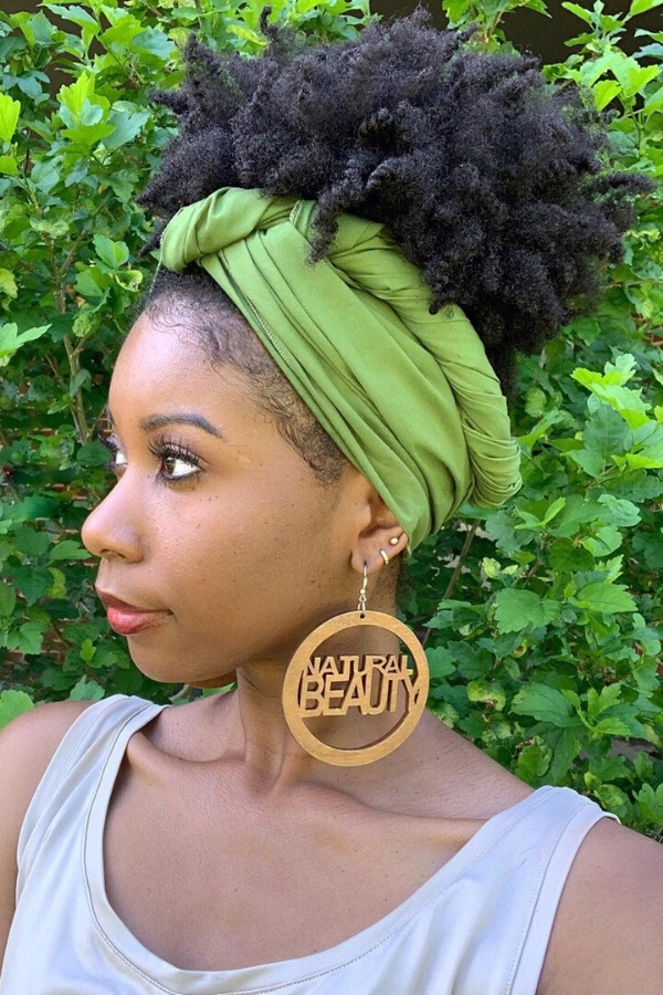High puff with green headwrap