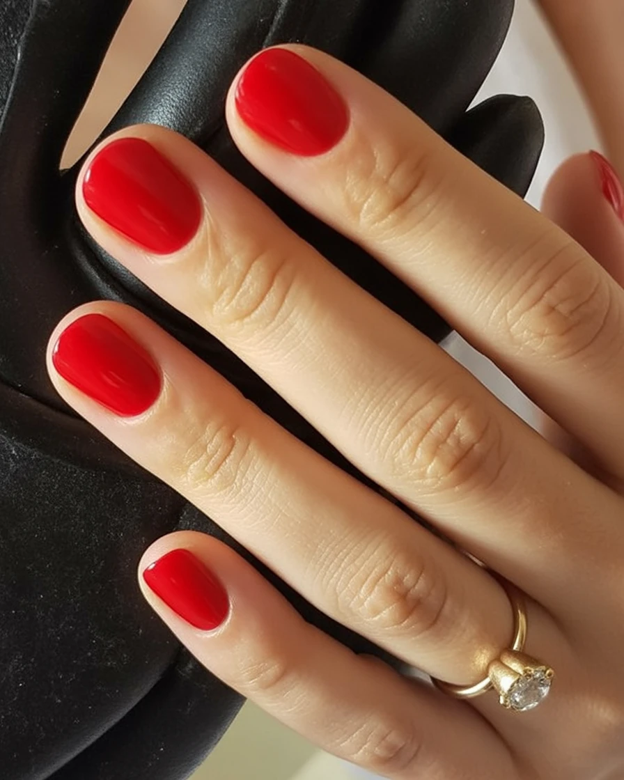 Short red nails with a glossy finish
